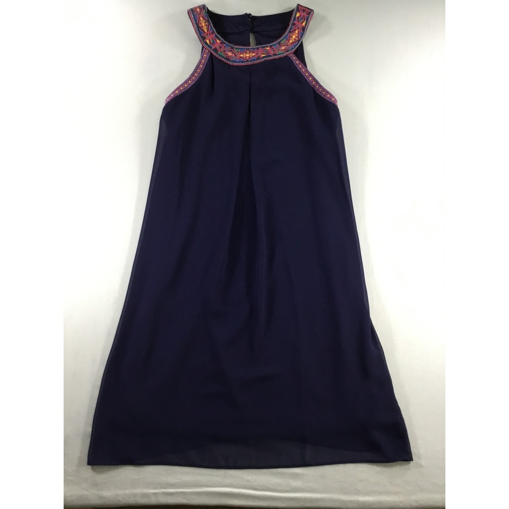 IZ Byer Shift Dress XS Navy Blue Boho Embroidered Neckline Sleeveless Flirty
